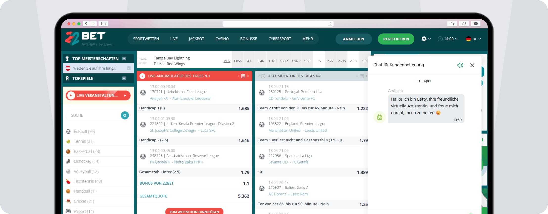 Screenshot 22Bet Kundenservice