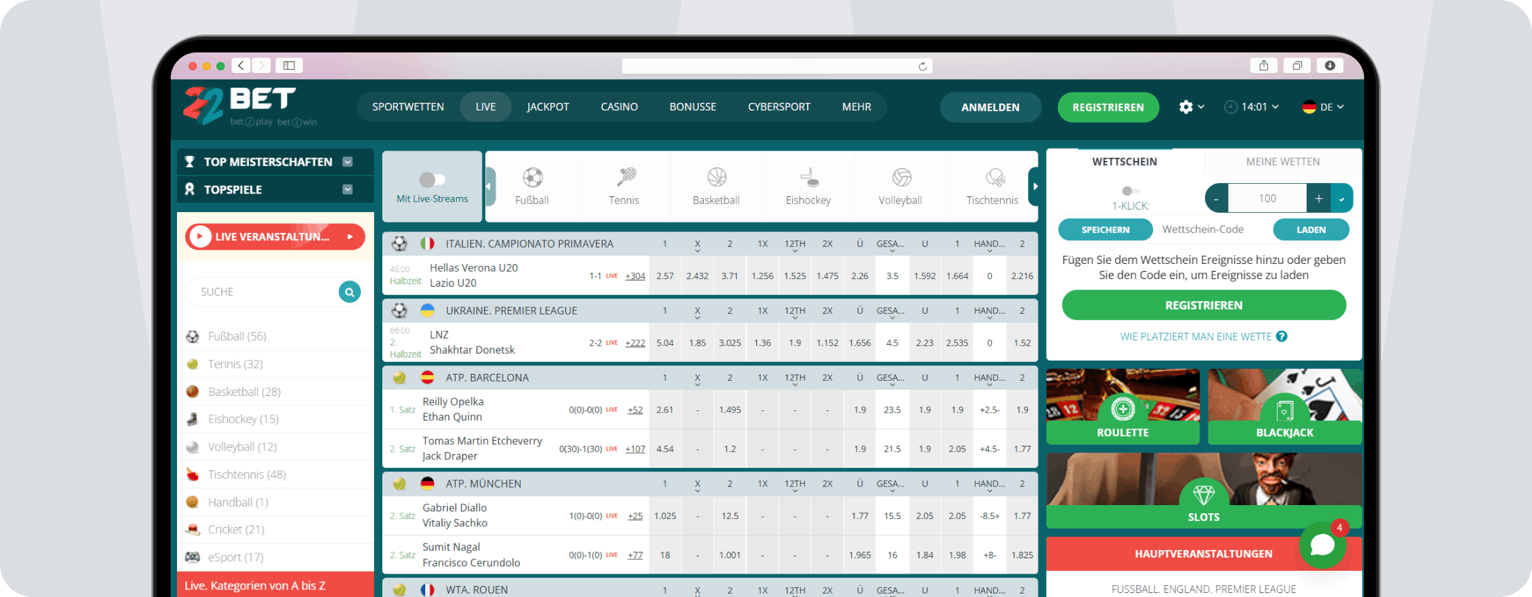 Screenshot 22Bet Livewetten