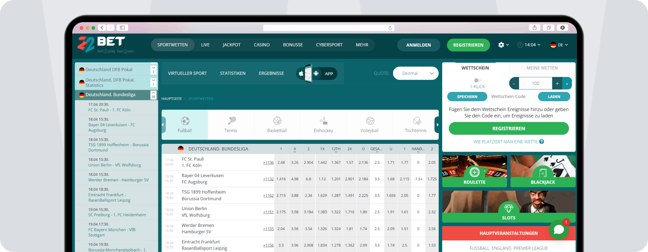 Screenshot 22Bet Wettangebot