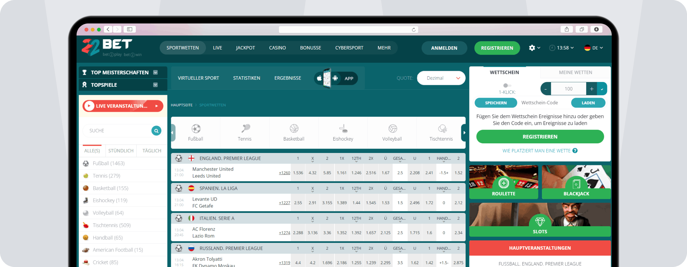 Screenshot 22Bet Quoten