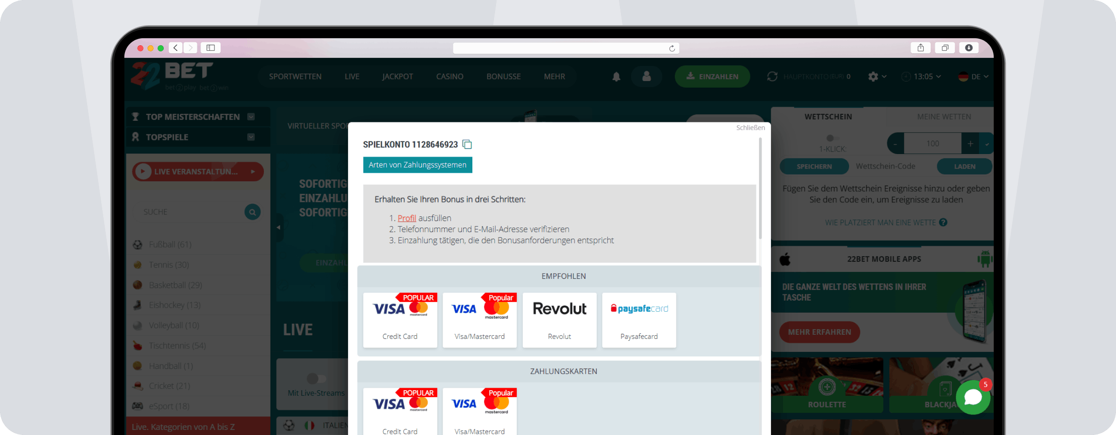 Screenshot 22Bet Zahlungsmethoden