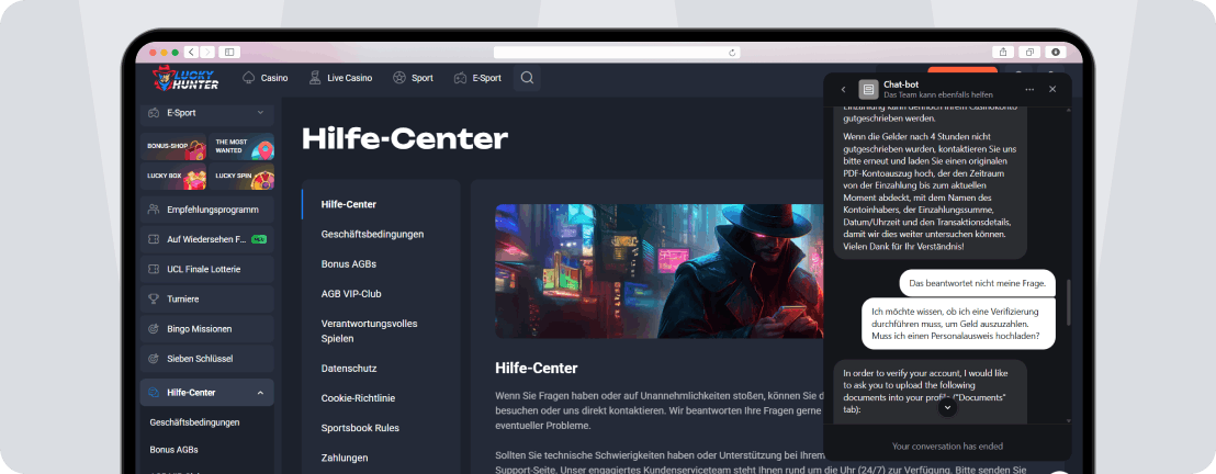 Screenshot Lucky Hunter Kundendienst Desktop