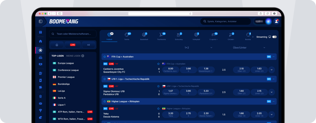 Boomerang Bet Livewetten in solider Auswahl