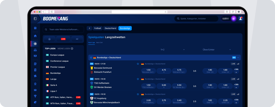 Boomerang Bet Wettangebot von Bundesliga bis 3. Liga