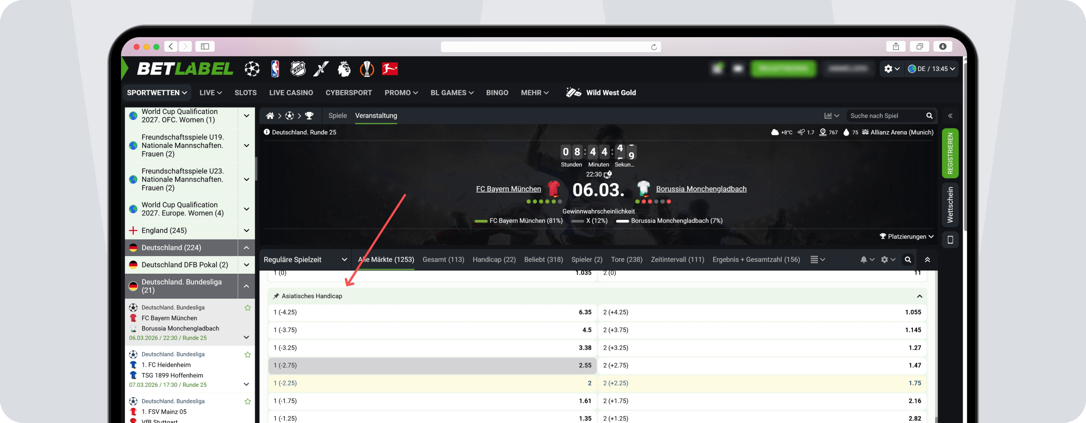 Screenshot Bundesliga Asian Handicap