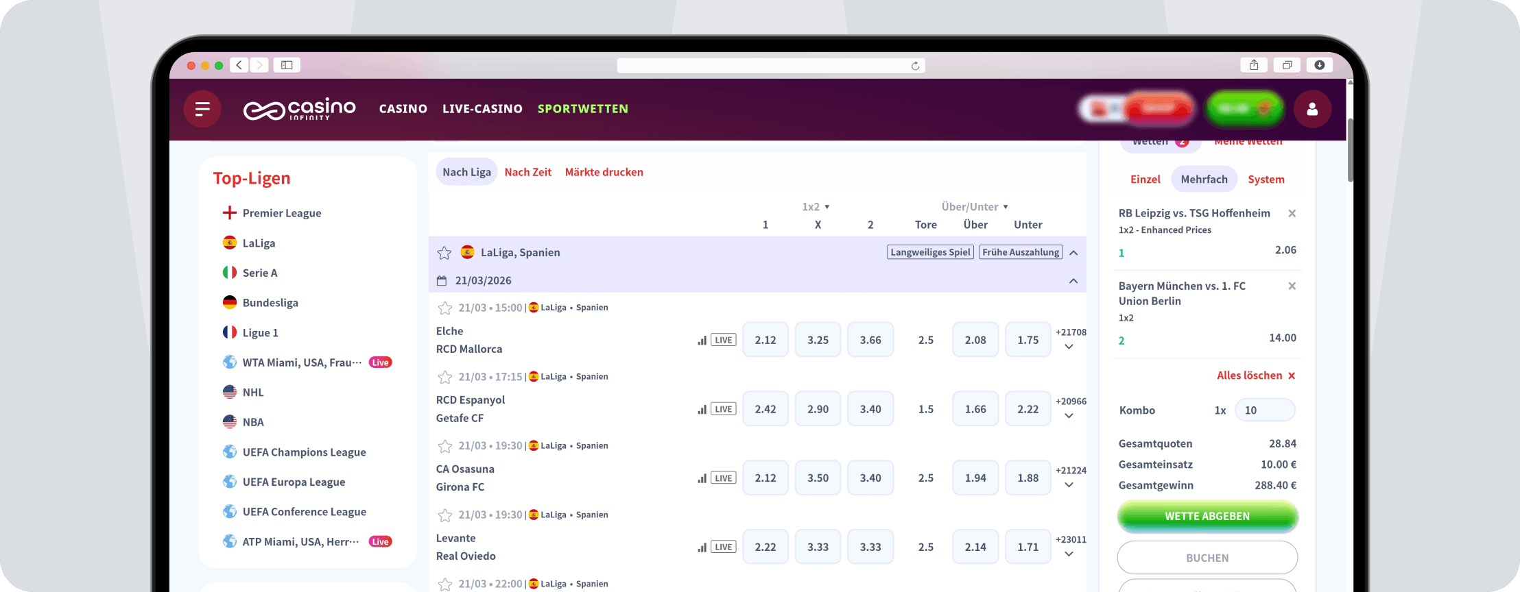 Casino Inifinity Livewetten - Desktop