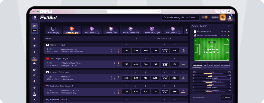 Funbet Livewetten mit Spielfeld-Animation