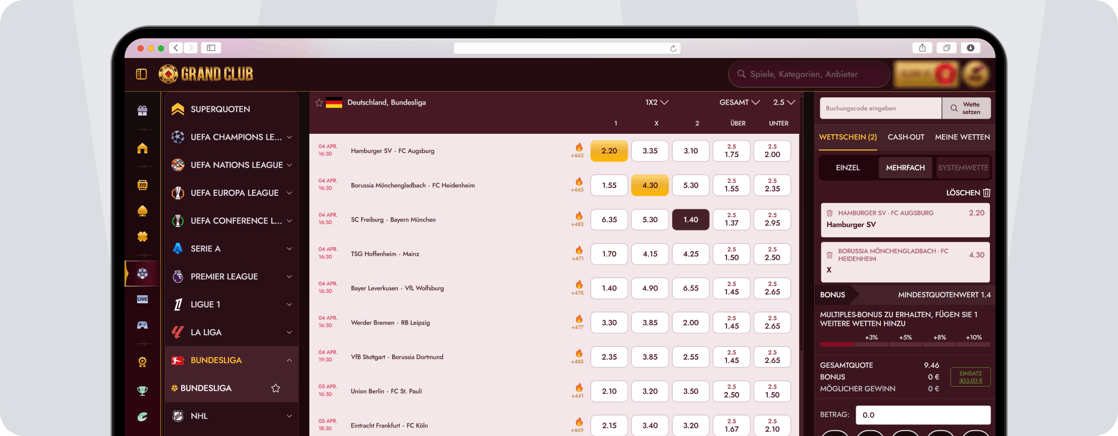 GrandClub Wettangebot - Desktop