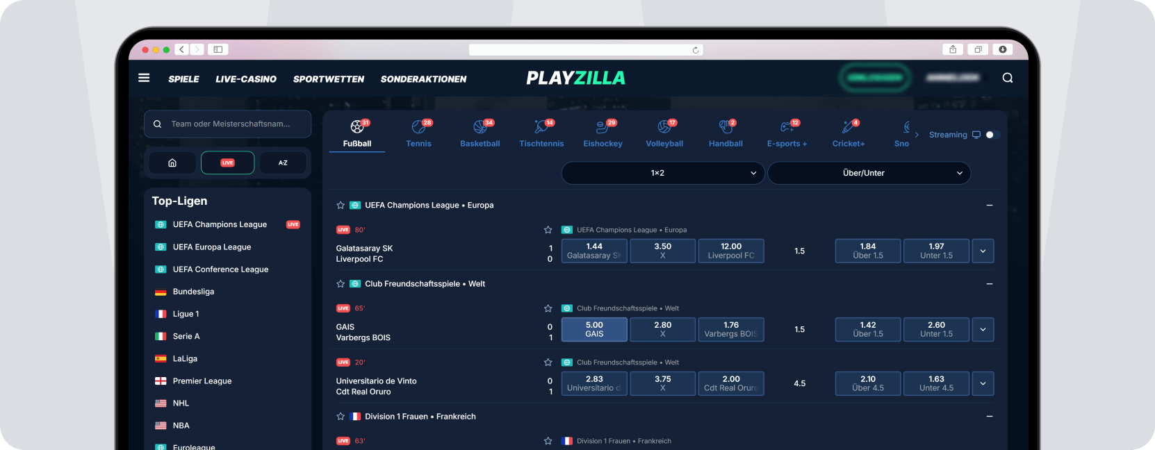 Screenshot Playzilla Livewetten