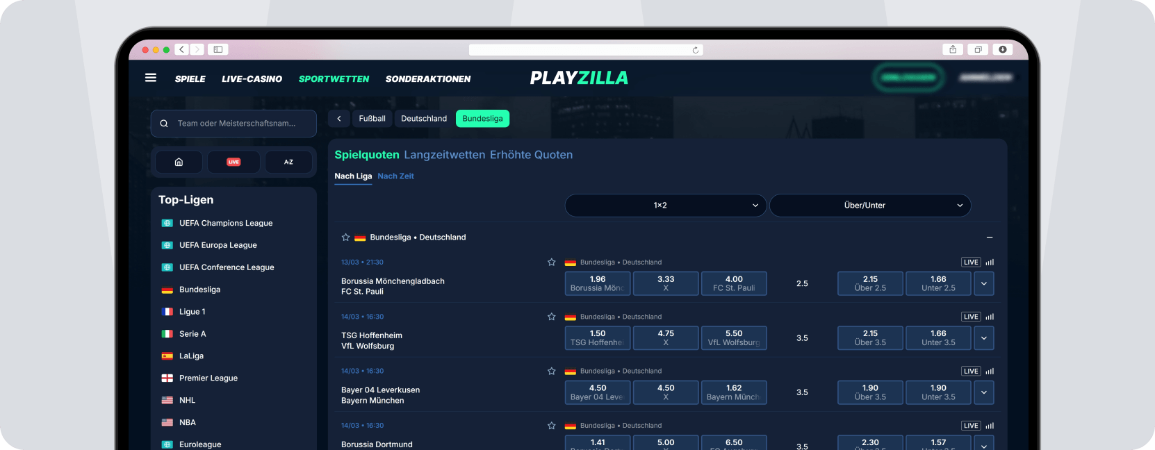 Screenshot Playzilla Wettangebot