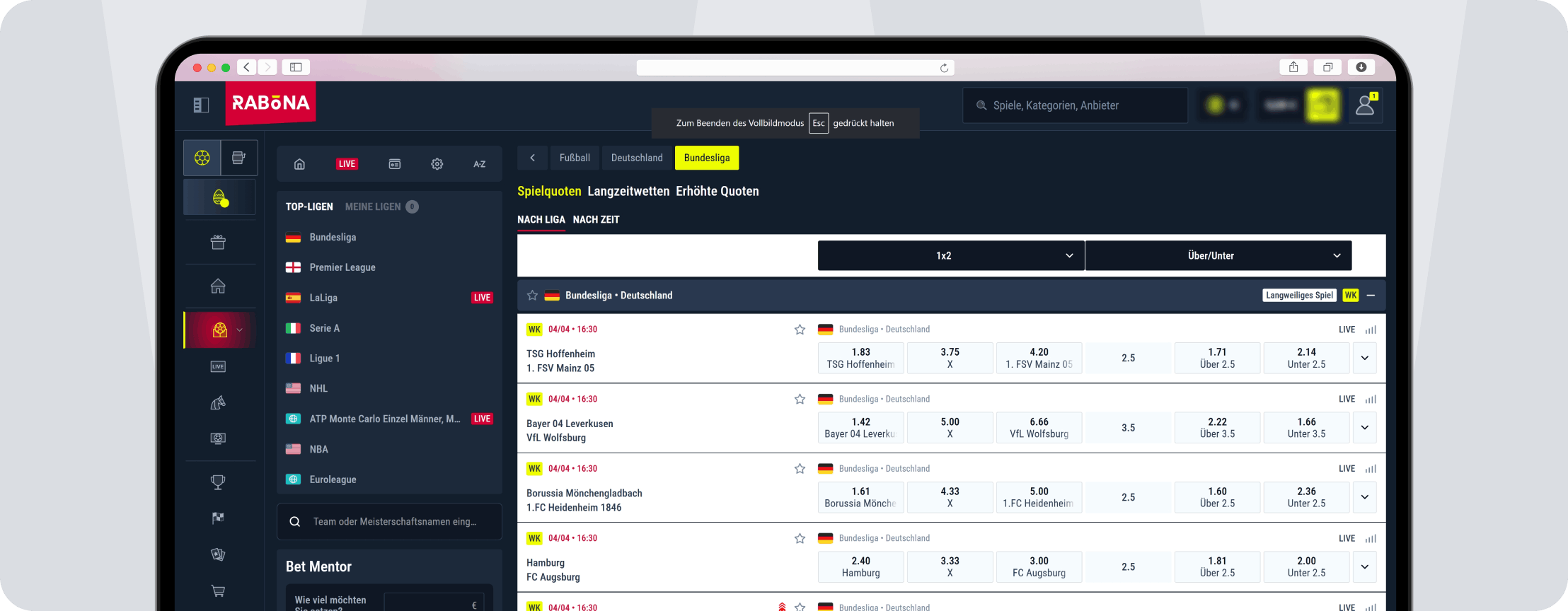 Rabona Wettangebot - Desktop