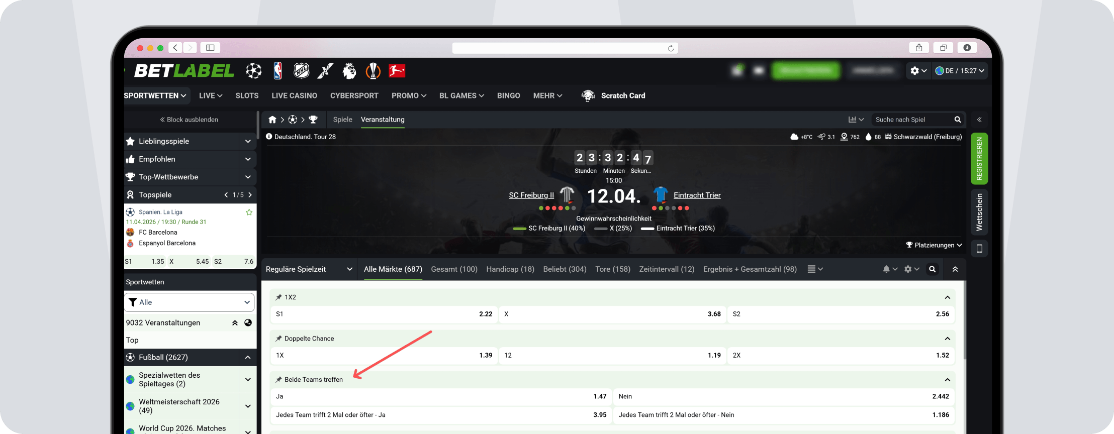 Screenshot Regionalliga Wetten – Beide Teams treffen