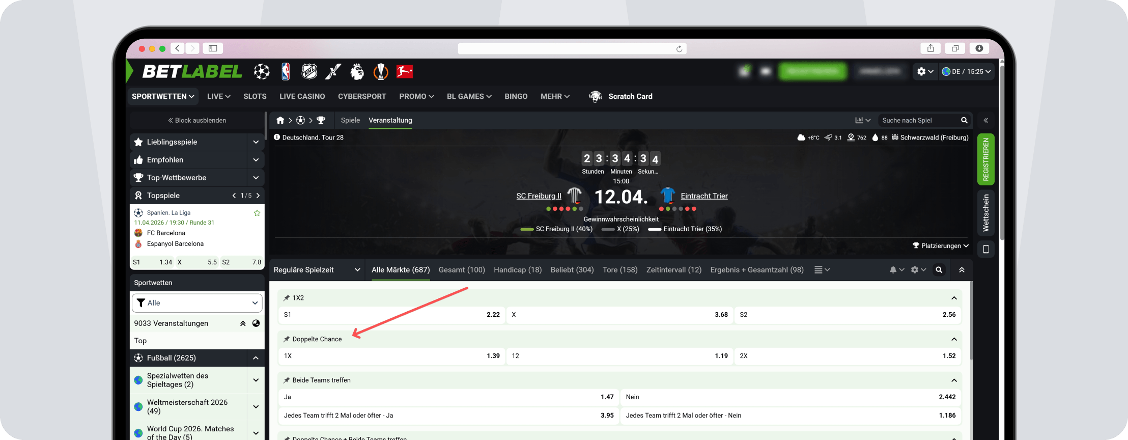 Screenshot Regionalliga Wetten – Doppelte Chance