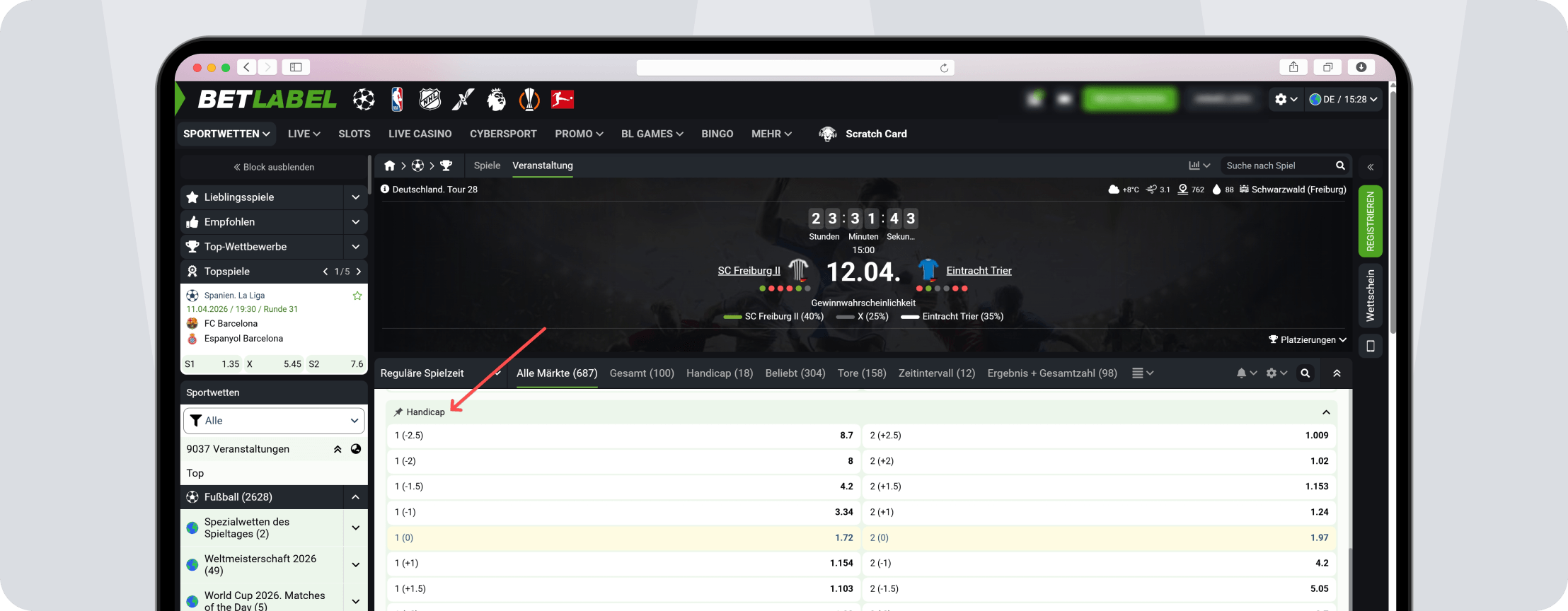 Screenshot Regionalliga Wetten – Handicap
