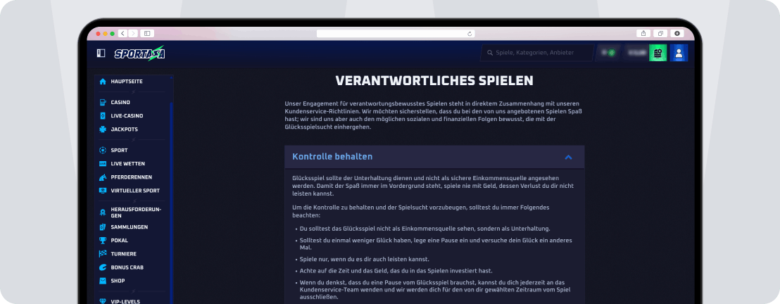 Respektable Sportaza Seriosität trotz mäßigem Spielerschutz