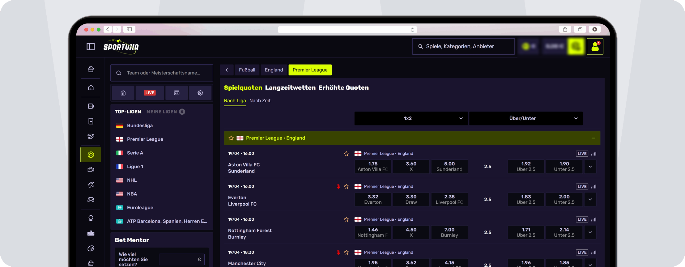 Screenshot Sportuna Quoten