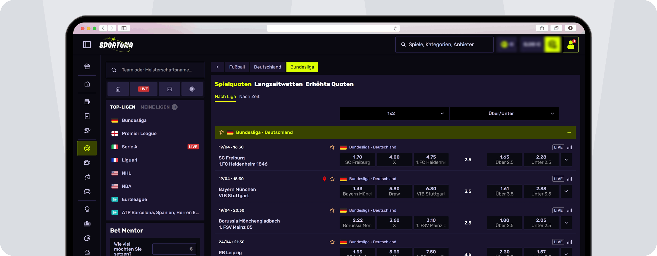 Screenshot Sportuna Wettangebot