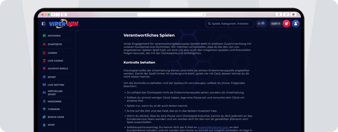 ViperWin Spielerschutz auf solidem Niveau