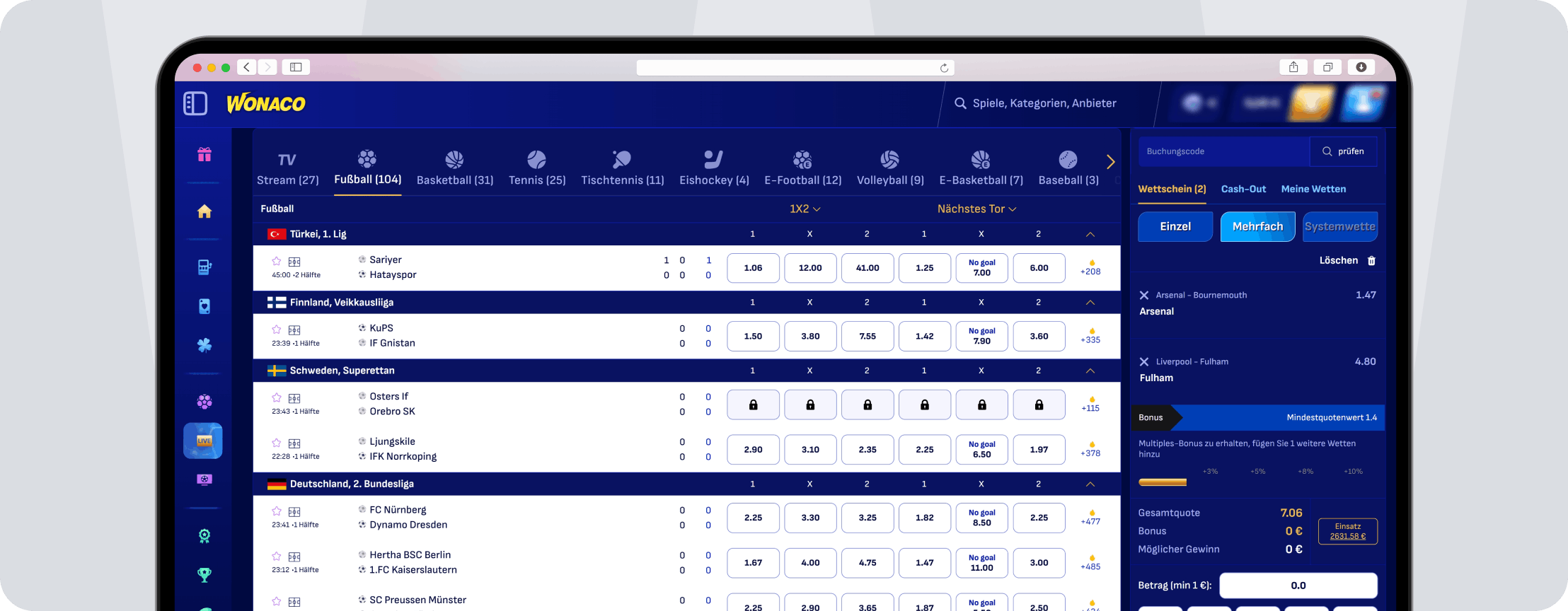Wonaco Livewetten - Desktop