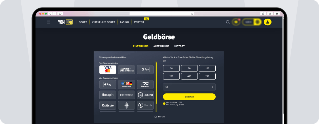 Yonibet Zahlungsmethoden für Euro & Krypto
