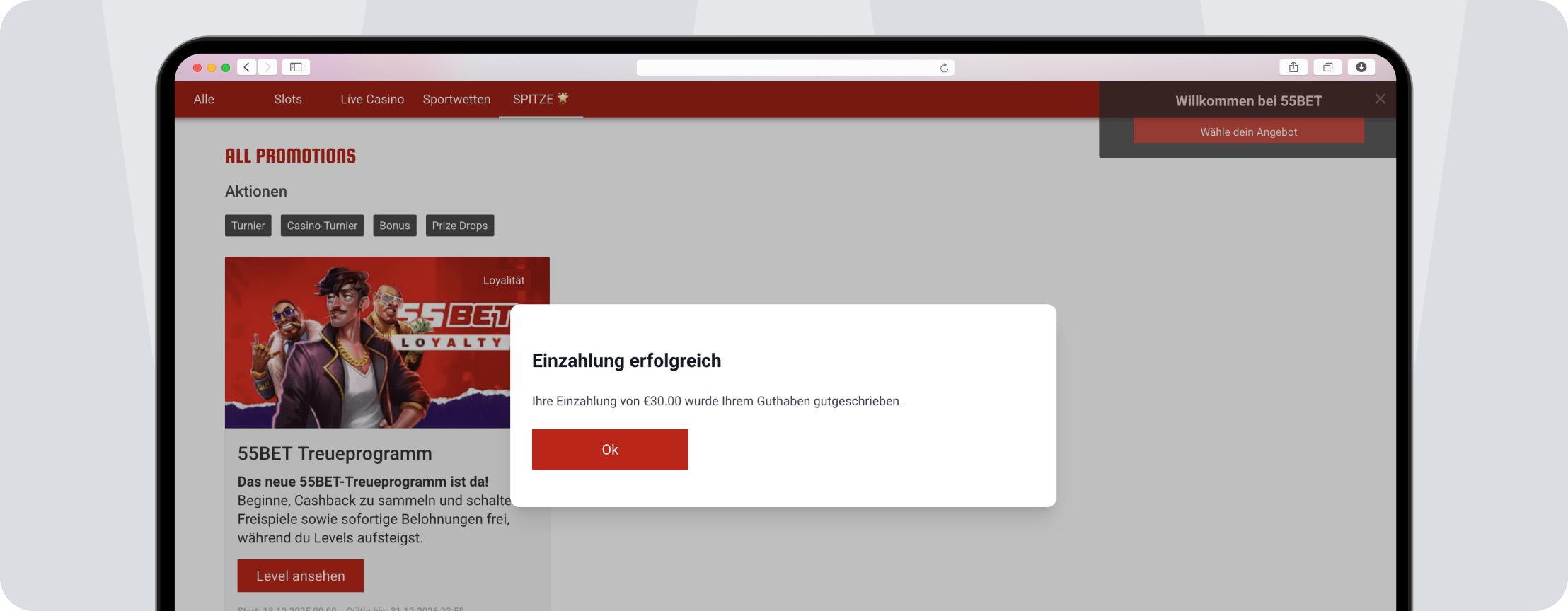Screenshot 55bet einzahlung erfolgreich