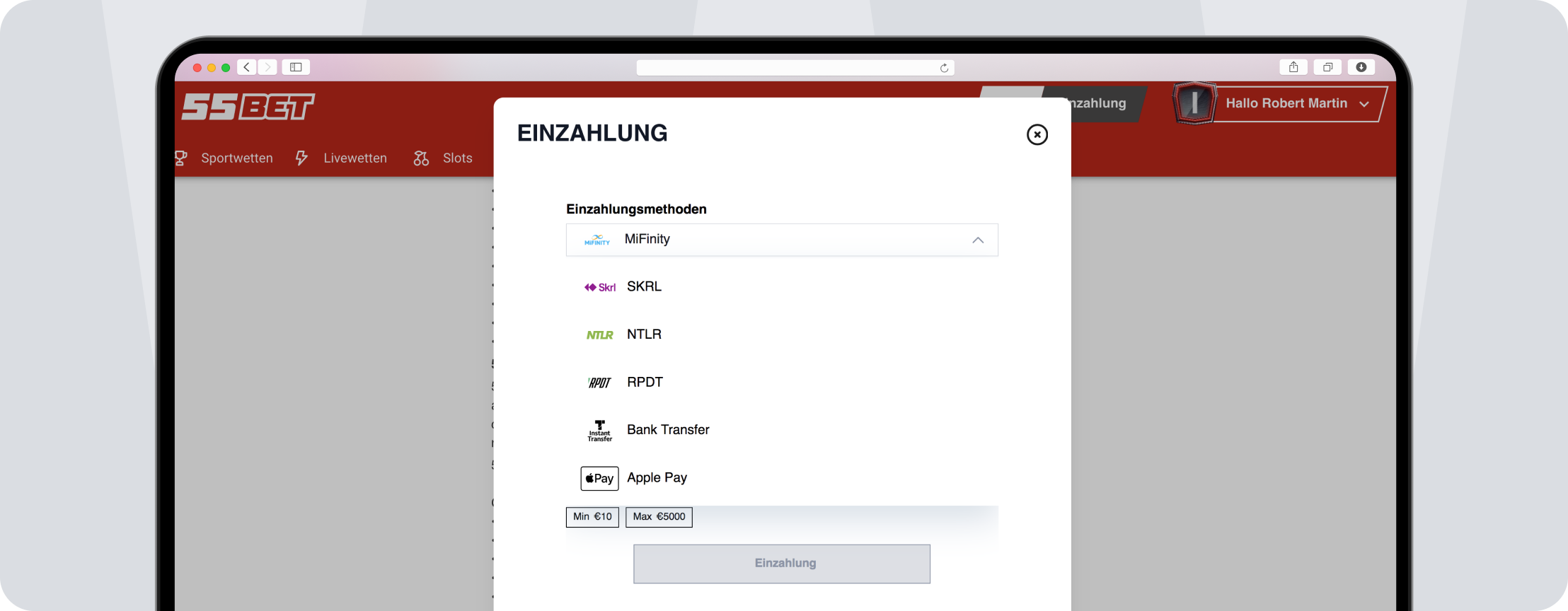 Screenshot 55bet zahlungsmethoden