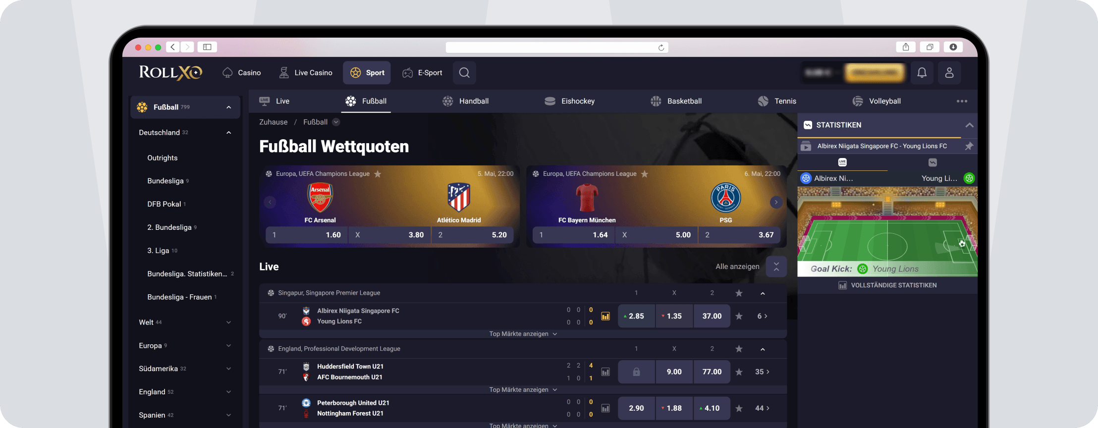 RollXO Livewetten auf Fußball
