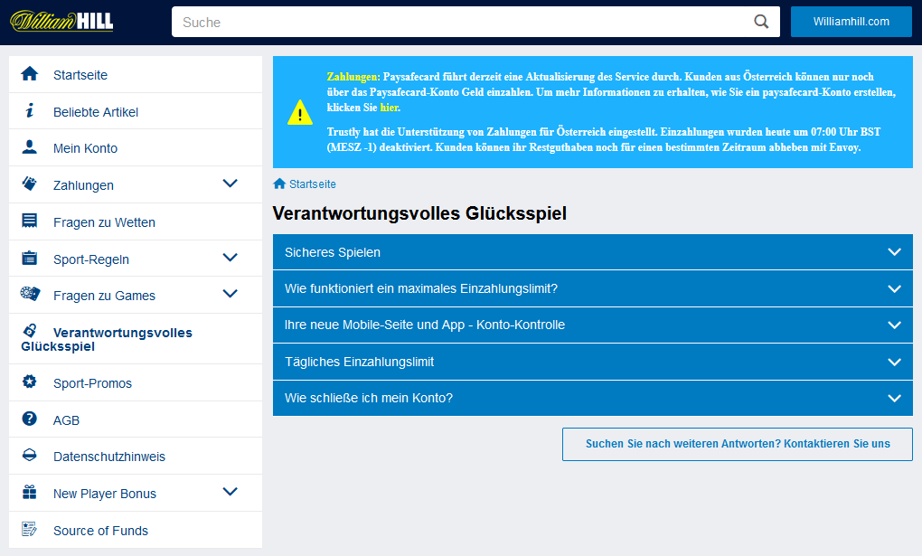 Verantwortungsvolles Glücksspiel bei William Hill