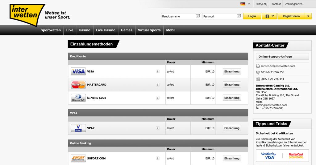 Eine Übersicht aller Einzahlungsmethoden findest Du auf der Webseite von Interwetten (Quelle: Interwetten)