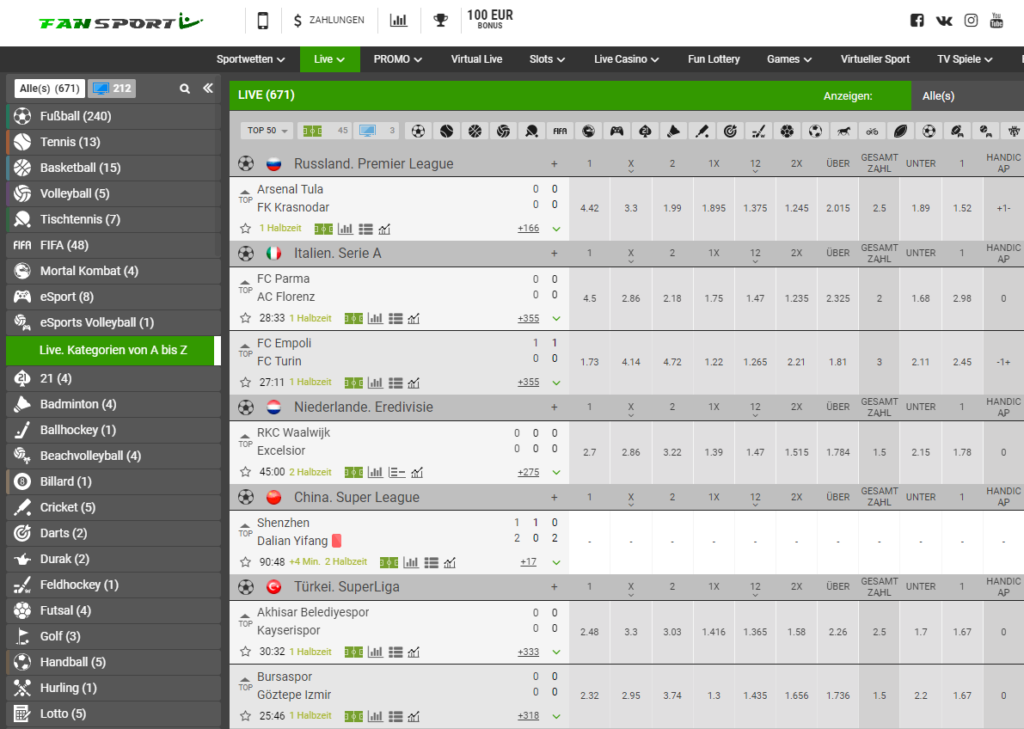 Zahlreiche Livewetten warten bei Fan Sport