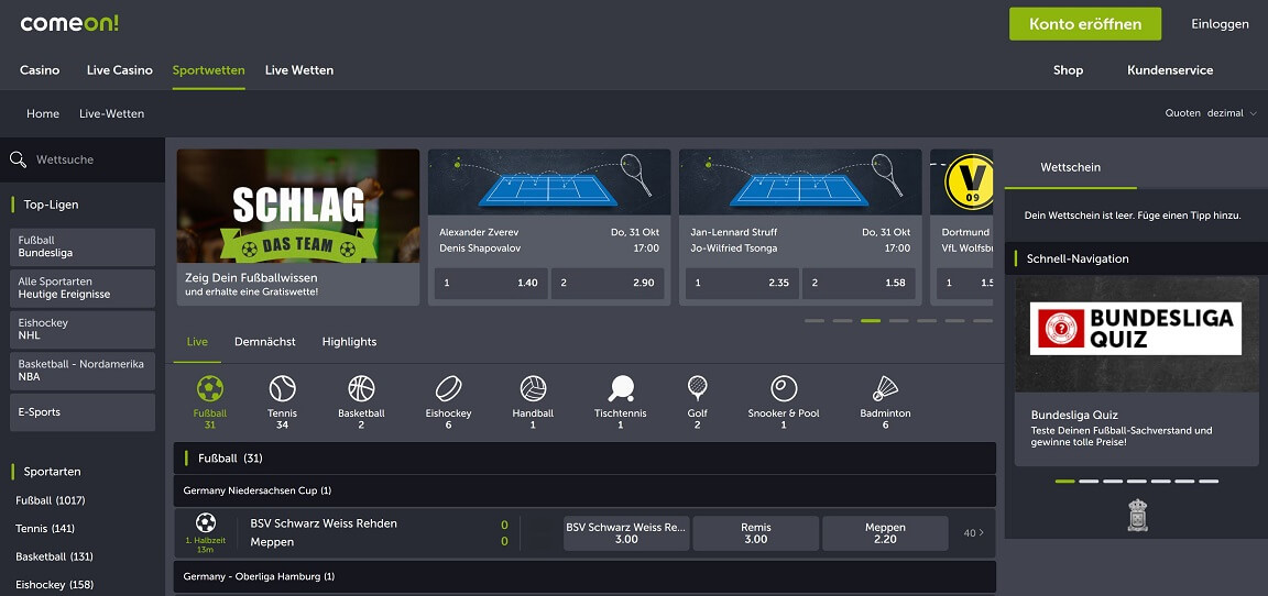 Sportwetten Startseite bei Comeon (Quelle: Comeon)