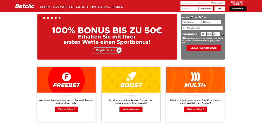 Auf der Startseite von betclic sind die Bonusangebote sofort zu sehen (Quelle: betclic)