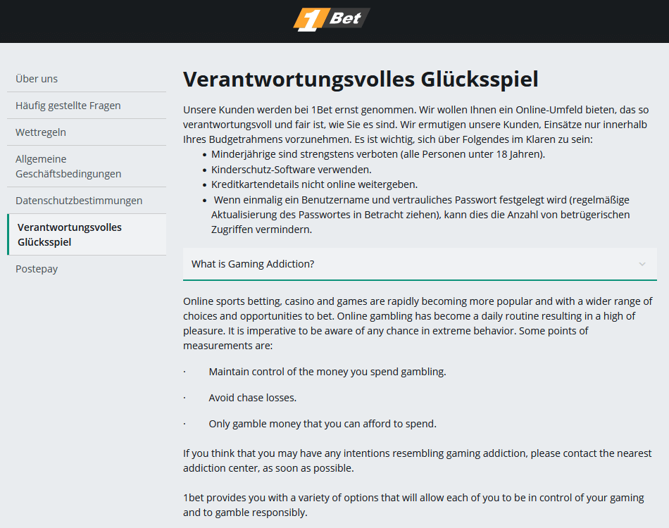 Spielerschutz von 1Bet