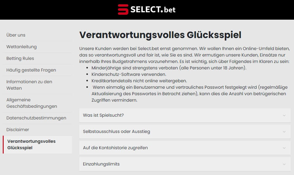 Spielerschutz von Select.bet