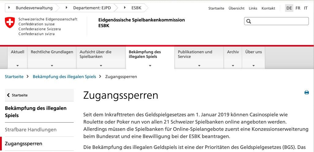 Webseite der eidgenössischen Spielbankkommision 